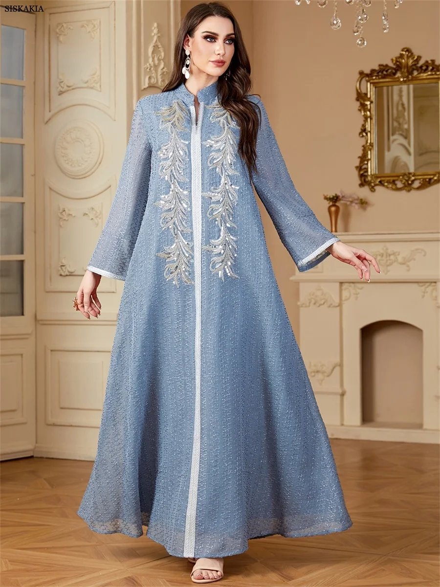 

Siskakia Ramadan Muslim Women's Sequins Long Dresses Bright Line Dubai Decoration Kebaya Elegant Casual Abayas