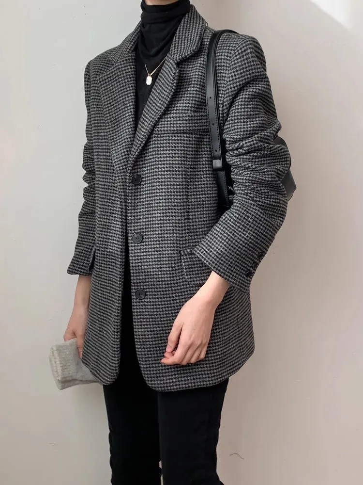 ชุดสูทลายสก็อตสไตล์เรโทรชิคสำหรับผู้หญิง ทรงหลวม ความยาวปานกลาง สไตล์เกาหลี แขนยาว ติดกระดุม ลำลอง สวมทับเสื้อผ้า