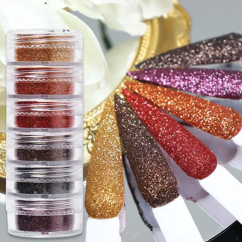 6Pc/Set Iridescent Nail Fine Glitter Sugar Powder Colorful Chrome Pigment Dust for UV Nail Polish Nails Decoration Accessories