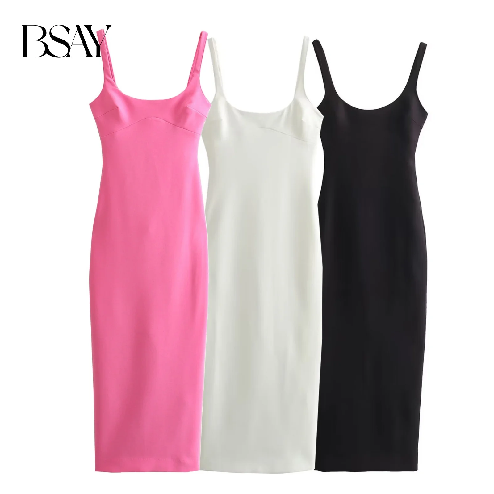 BSAY mujer moda verano espalda cremallera cuello cuadrado sin mangas espalda descubierta Sling vestido largo Chic mujer elegancia francesa noche