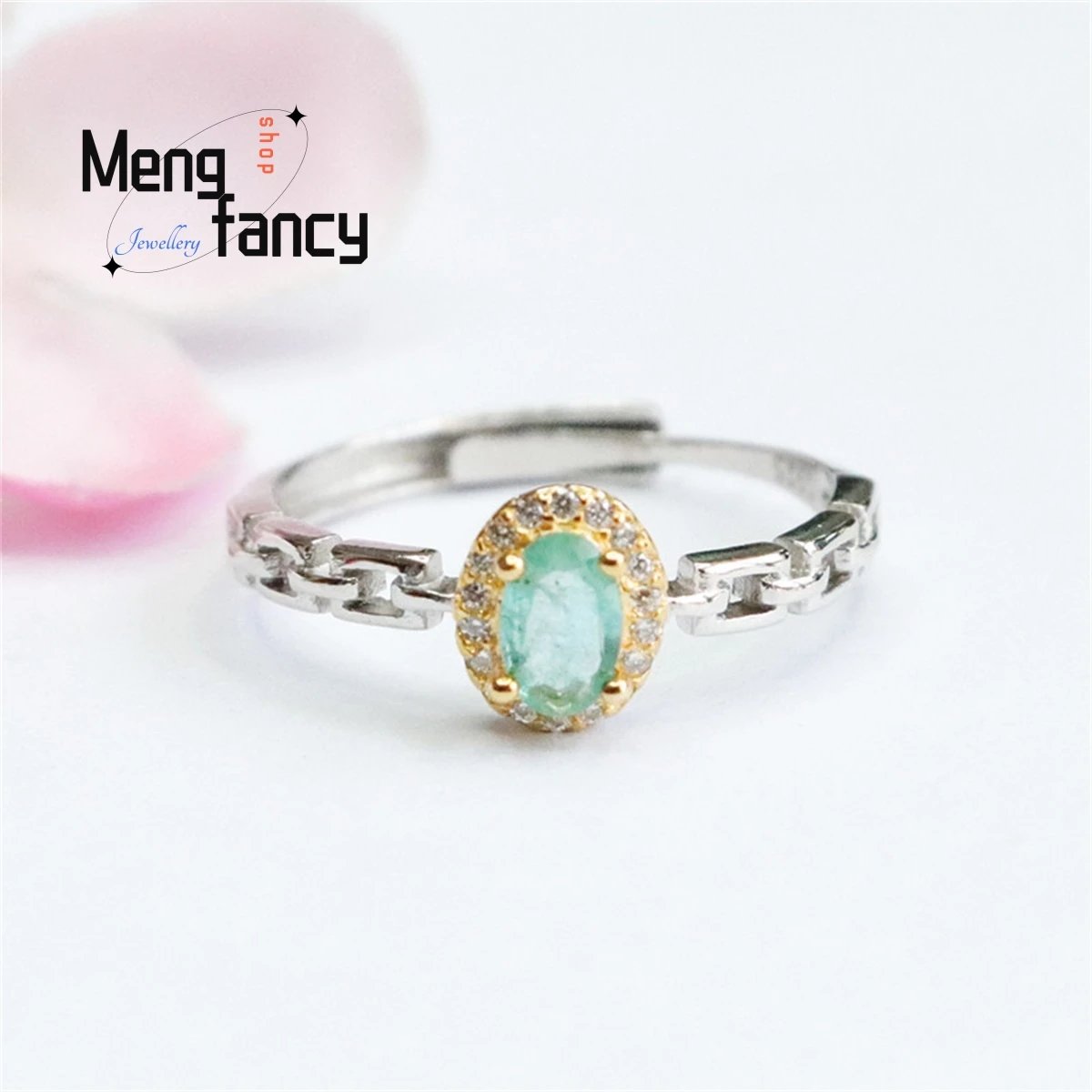 

Natural S925 Silver Inlaid Emerald Chain Ring Simple Generous Personalized Fashion Versatile Exquisite Women Couple Fine Jewelry