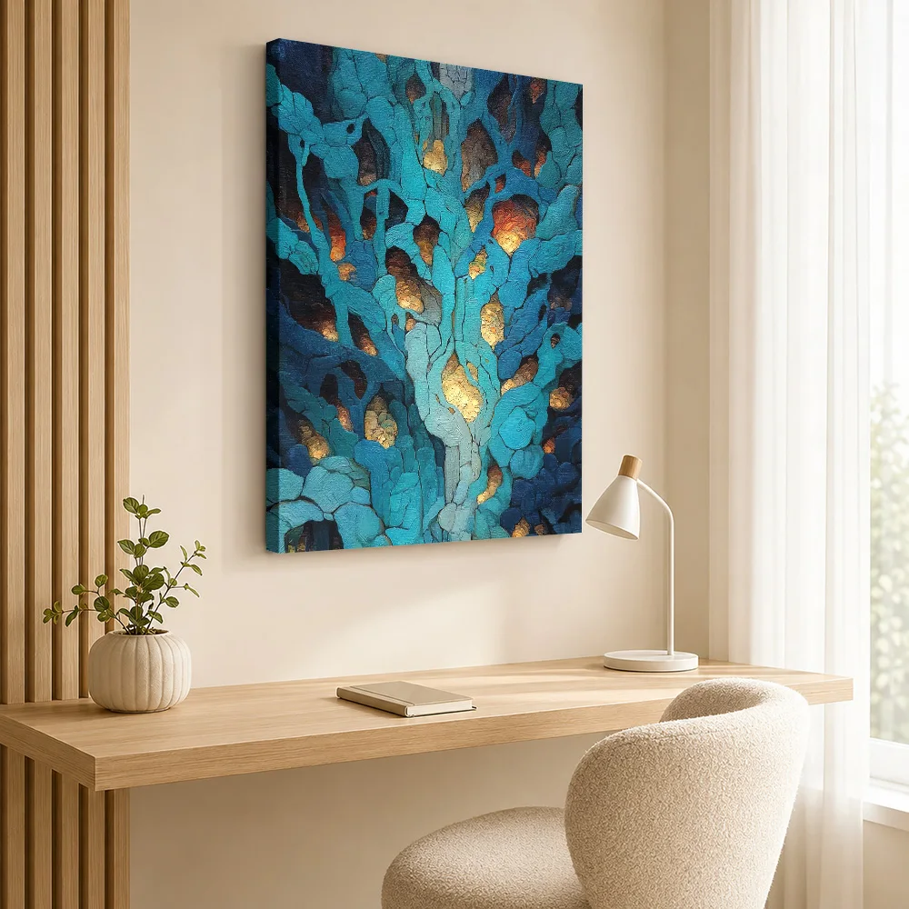 Blue And Gold Branching Veins Canvas Poster Customized Photo Expressive Color Composition Wall Art For Modern Apartment Lounge