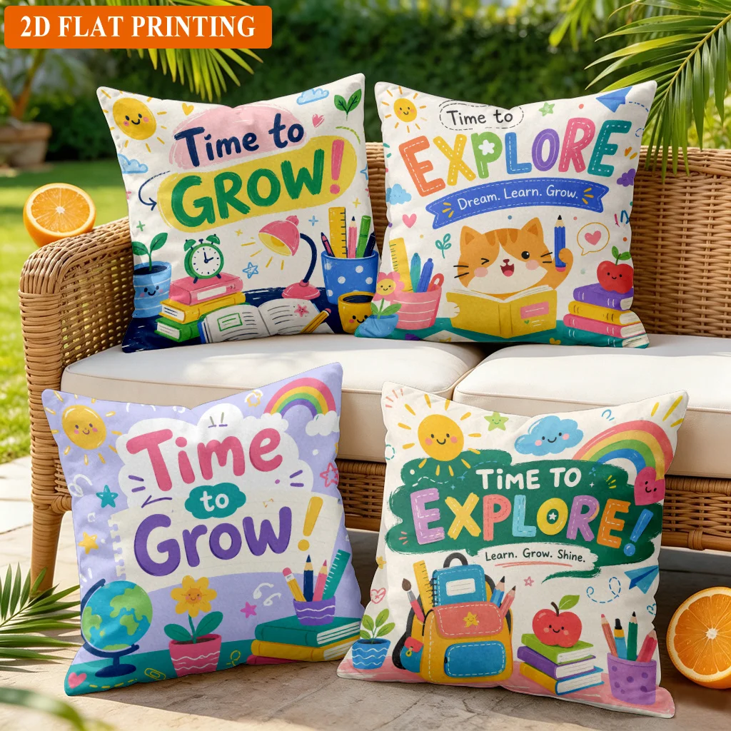 Decorative 4pc Kids Pillowcase Set Nursery Decor Time to Grow Learn Explore Educational Gift for Baby Boy Girl Room