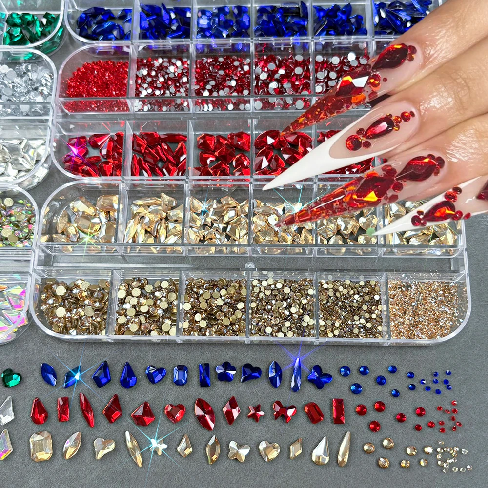 คริสตัลแก้วรูปทรงต่างๆ 12 ช่อง สำหรับตกแต่งเล็บ 3 มิติ แบบแบนหลัง ประดับเล็บ สีแดง/ใส/แชมเปญ #