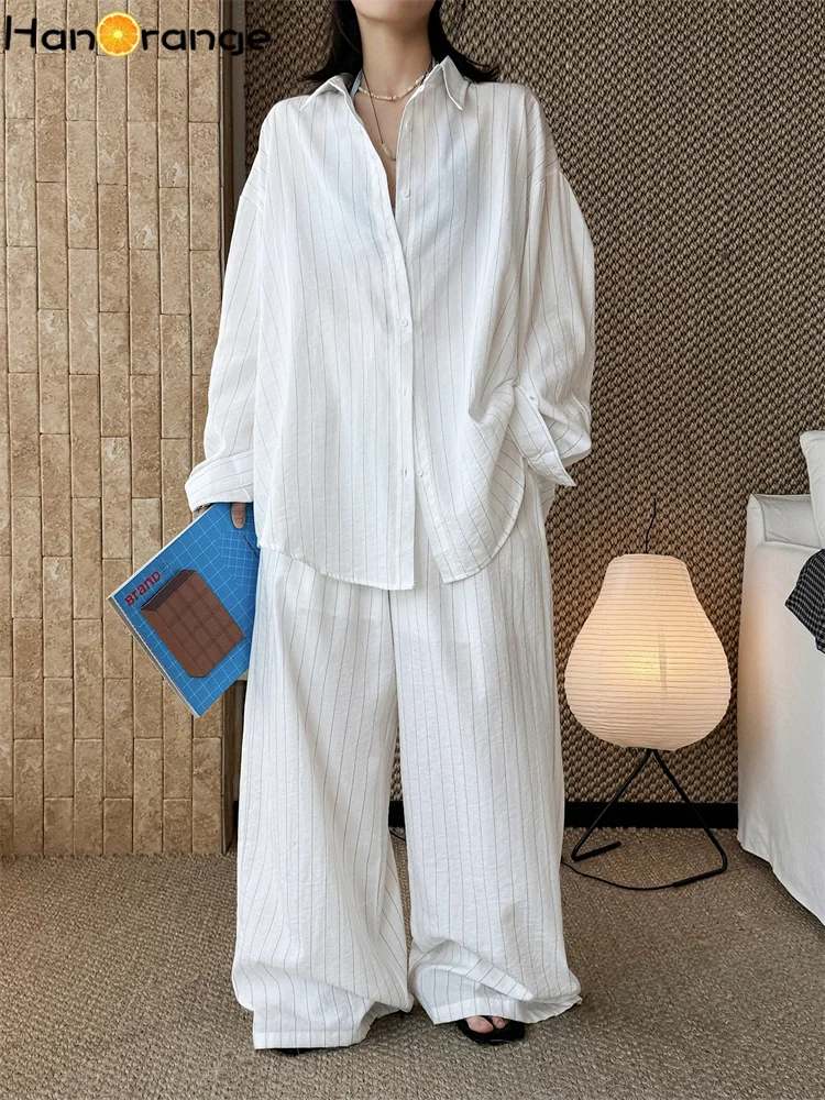HanOrange 2026 Summer Linen Stripe Pants Set Women Loose Shirt + Trousers 2pcs Sets White/Green - view 5
