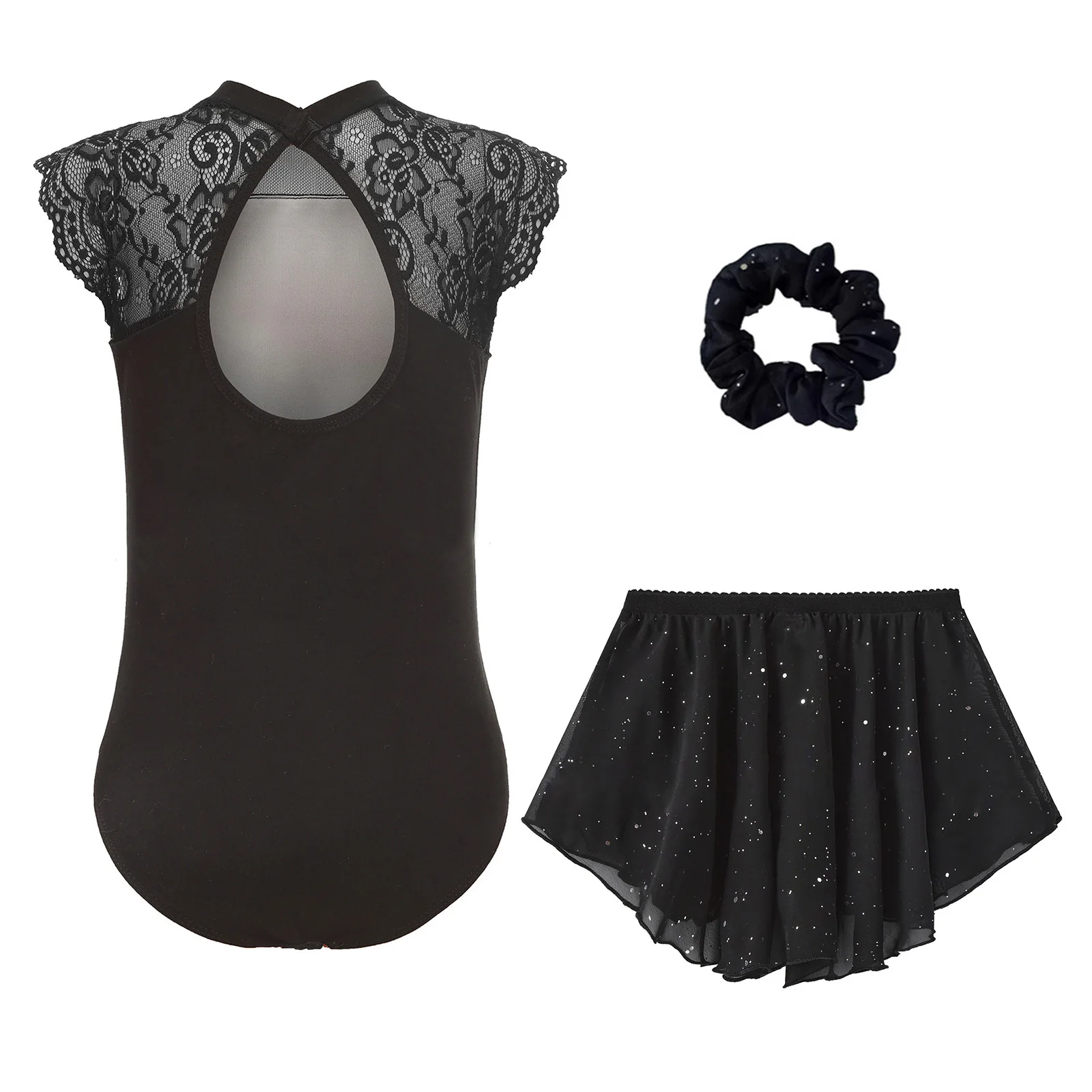 Kids Girls Ballet Dance Outfit Children's Stage Dancewear Lace Mesh Patchwork Figure Skating Leotard with Sequined Skirt Sets