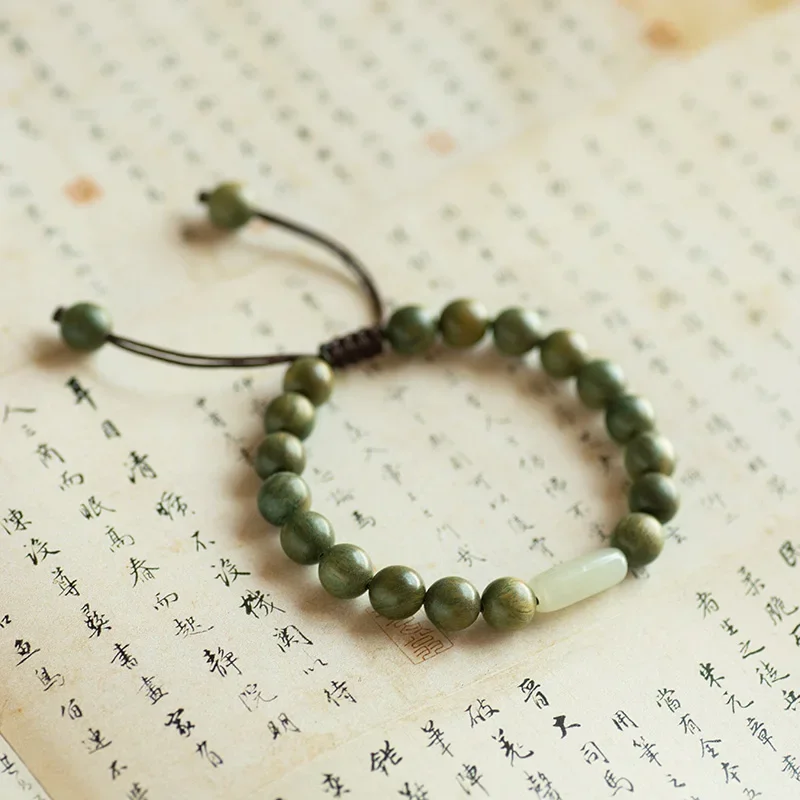 

Hand-woven Rope Green Sandalwood Buddha Beads Bracelet Natural Jade Wooden Natural Jade Bracelets Handmade Jewelry Mala Unisex