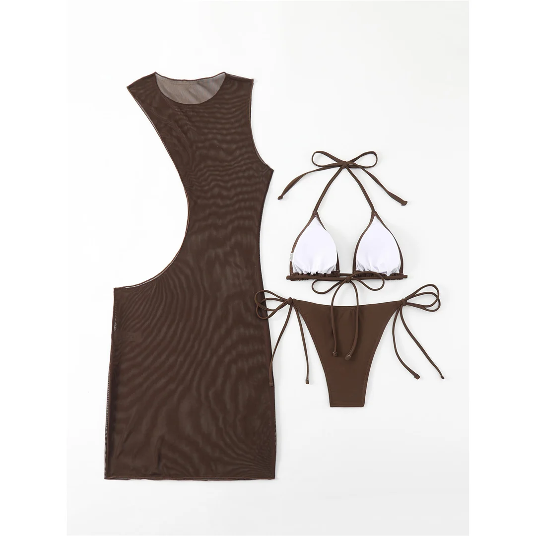 3-teiliges Set mit Überwurf, Neckholder-Bikini, Damen-Badeanzug, dreiteiliger Bikini, Badebekleidung, Badeanzug, Schwimmanzug V5645 – Detail 15
