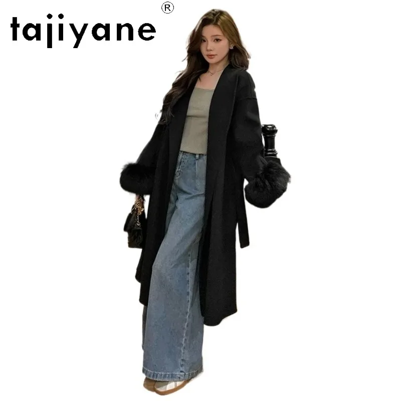 TAJIYANE 100% Pure Wool Coat Women Long Coats for Women Clothing Loose Winter Coat Fox Fur Cuffs Jackets 108cm Black Coat Casaco