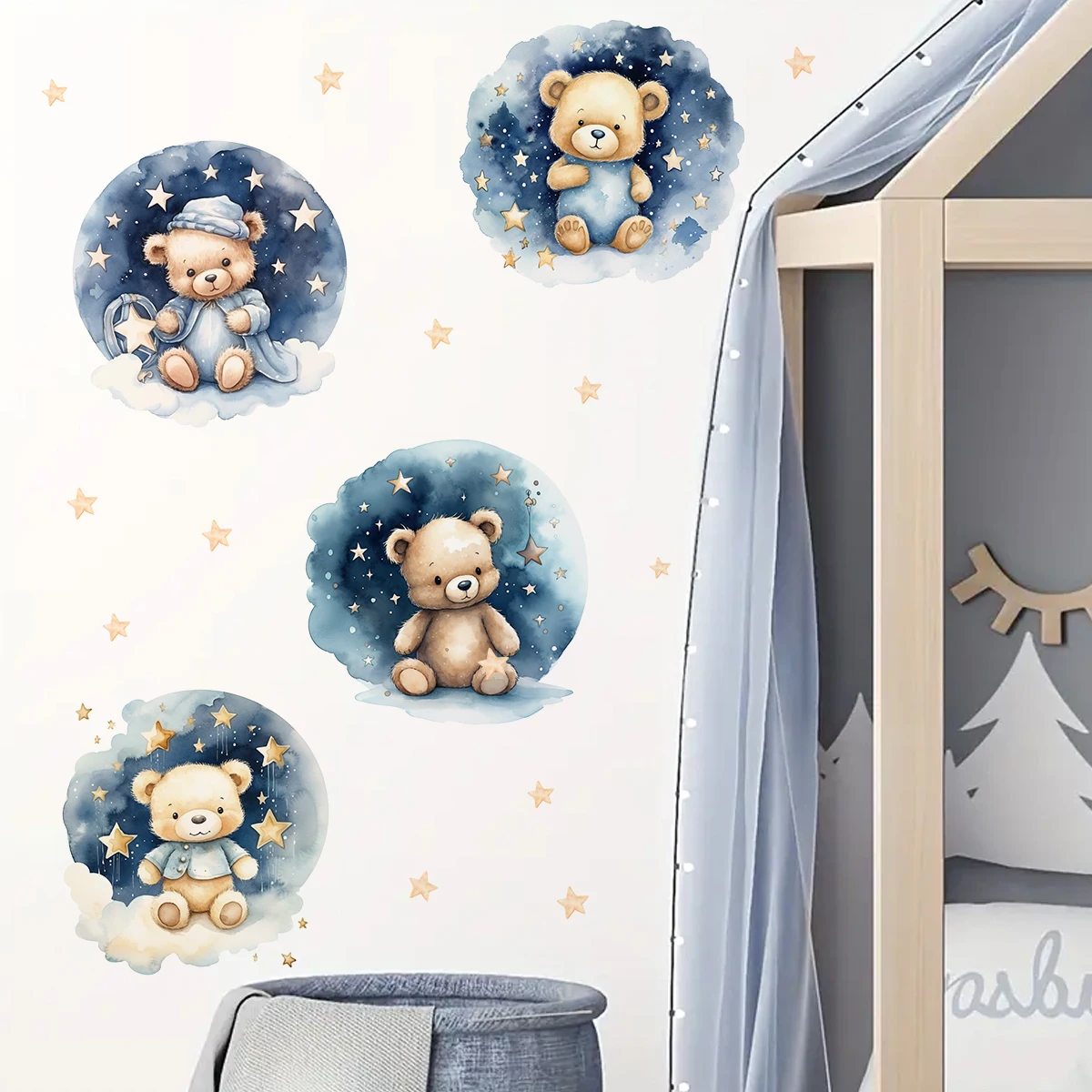 4Pcs Sleep Bear Wall Stickers for Baby Room Bedroom Kids Room Decoration Wall Art Home Decor Accessories Living Room Wall Decals