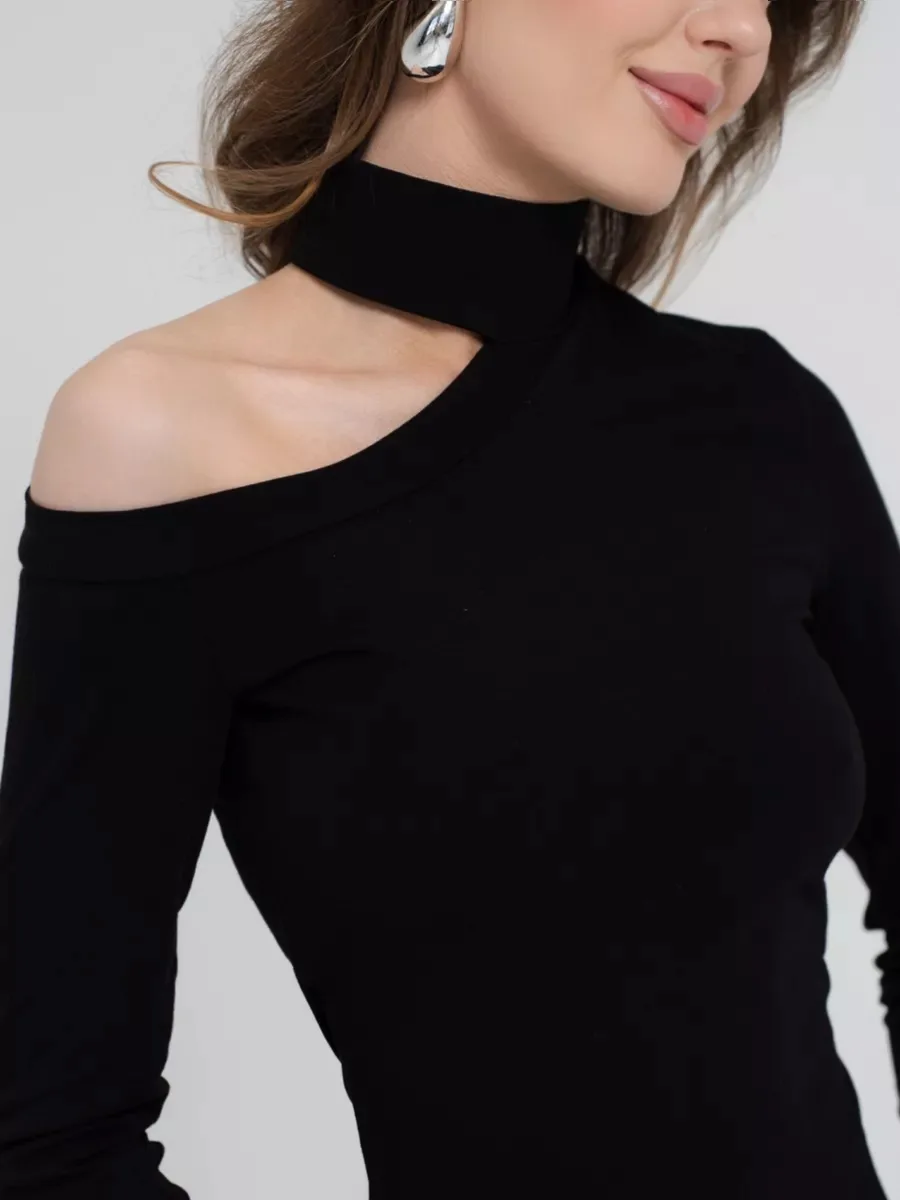 Sexy solid color high neck round neck women's long sleeved top for autumn and winter elegant slim fit and tight black jumpsuit f