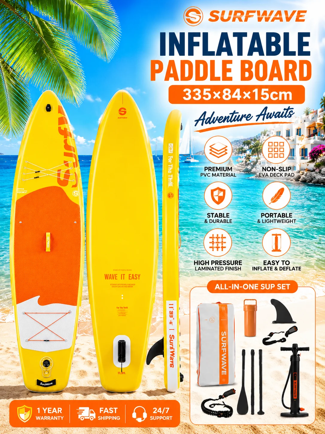 335x84x15cm Rutschfestes aufblasbares SUP-Board, stabiles Surfbrett mit komplettem Luxus-Zubehör, geeignet für Wassersport aller Könnensstufen.