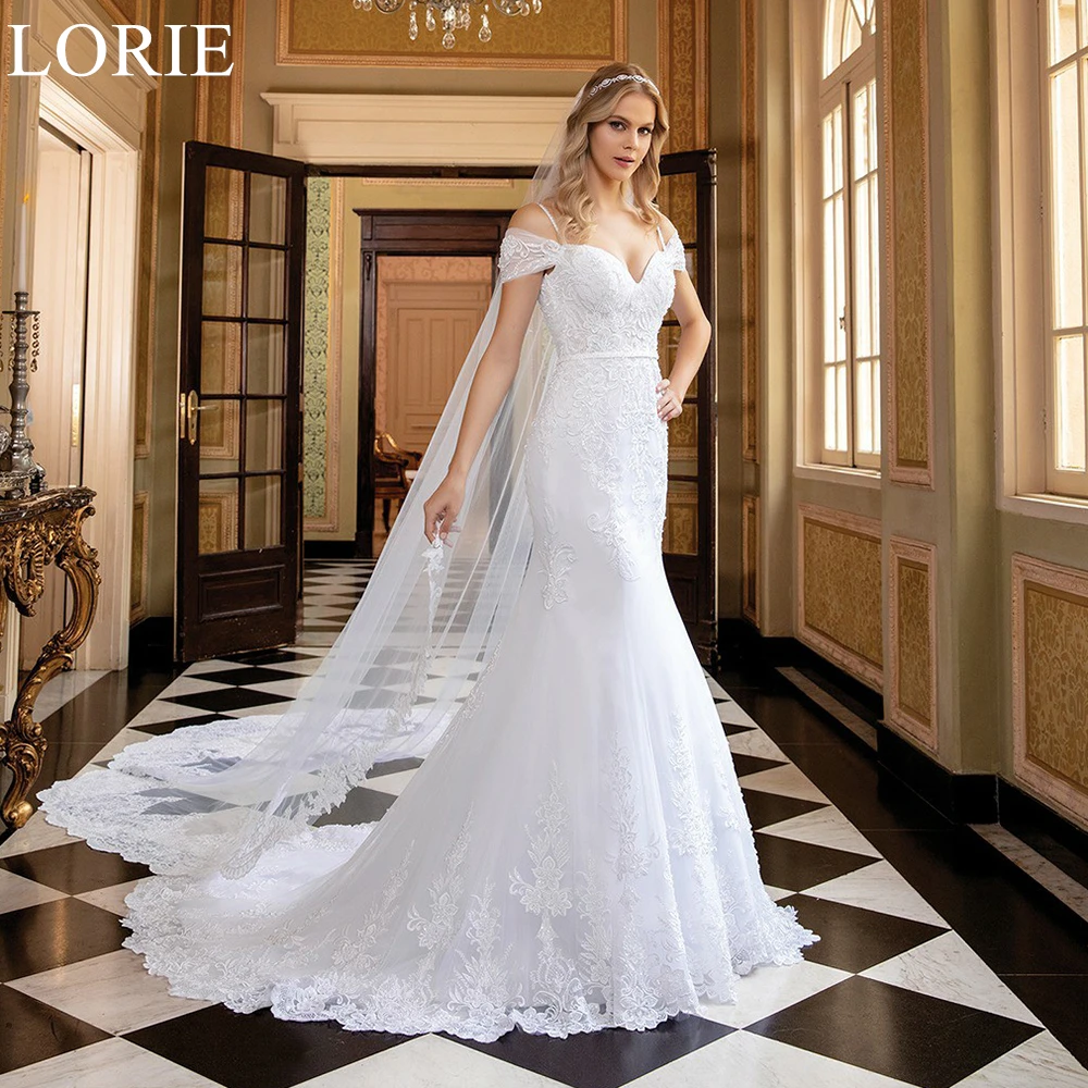 

LORIE BOHO Tulle Wedding Dresses with Cape Off Shoulder Spaghetti Straps Lace Appliques 2024 Elegant Bridal Gowns Customized