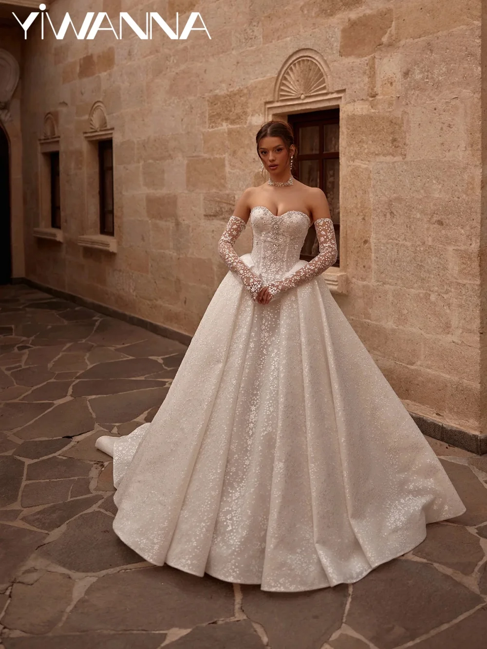 

Glitter Silver Crystal Appliques Wedding Dress Detachable Sleeve Sweetheart Neck Bridal Gown Customzied A-line Dresses For Bride