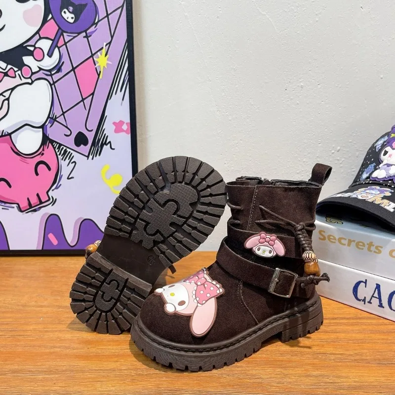 

Kawaii My Melody Sanrio, детские удобные теплые ботильоны с милым рисунком, флисовые противоскользящие ботинки, обувь на плоской подошве, подарок для детей