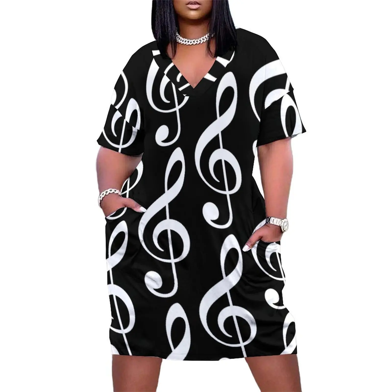 White Treble Clef on Black Loose Pocket Dress dresses for womens 2024 Women