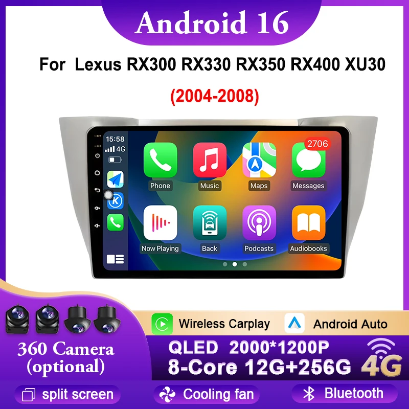 Android 16 For Lexus RX300 RX330 RX350 RX400 XU30 2004-2008 Car Radio GPS Navigation BT Multimedia Player Auto Carplay Wireless