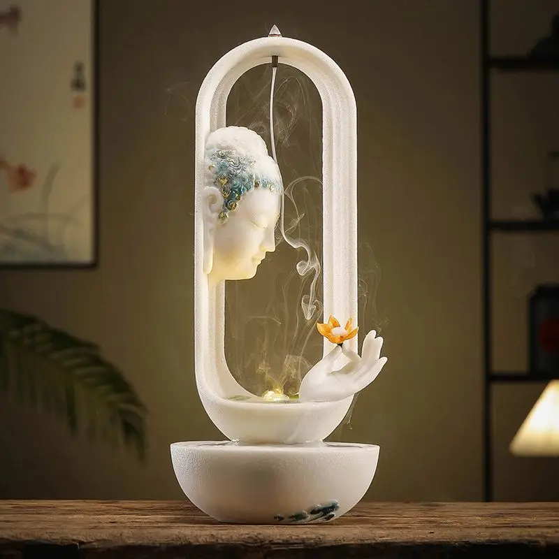 Zen Buddha head flowing water ornament, Chinese circulating water lucky desktop humidifier tea table decoration