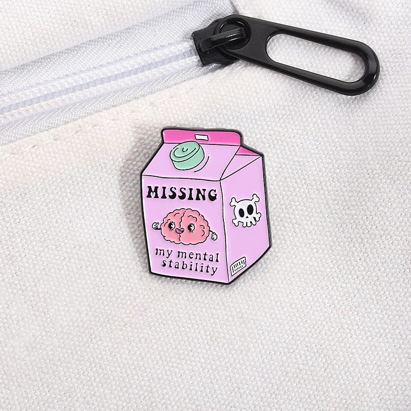 Missing My Mental Stability  Enamel Pin Funny Mental Health Pink Milk Box Brain Brooches Lapel Badge Jewelry Gift for Friends