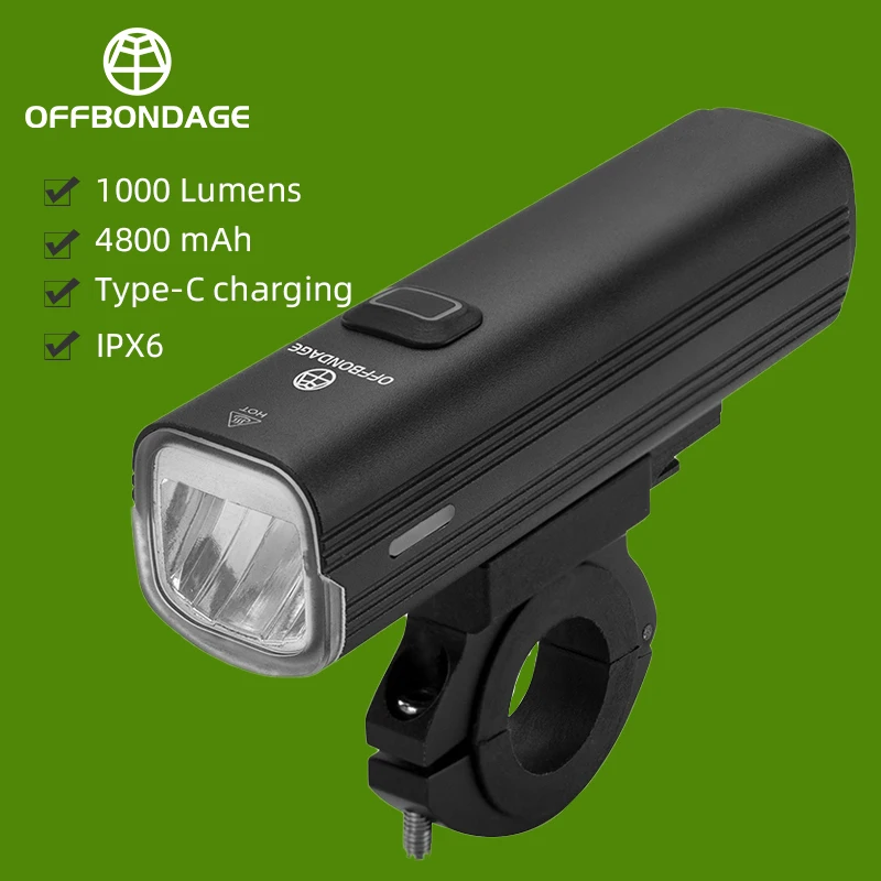 OFFBONDAGE Bicycle Light 1000 LM 4800mAh Bike Headlight Power Bank Flashlight Handlebar USB Charging MTB Road Cycling Highlight