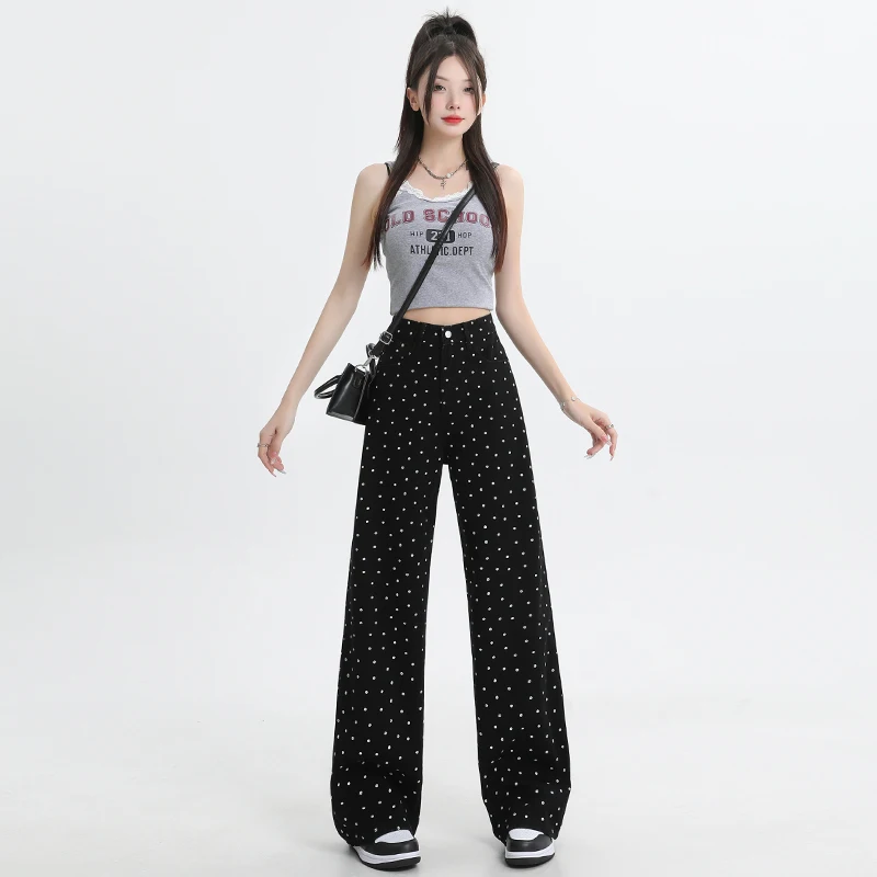 

Shascullfites Small Black Polka Dot Straight Jeans For Women, All-Match, Loose And Slim Retro High Waisted Floor-Length Jeans