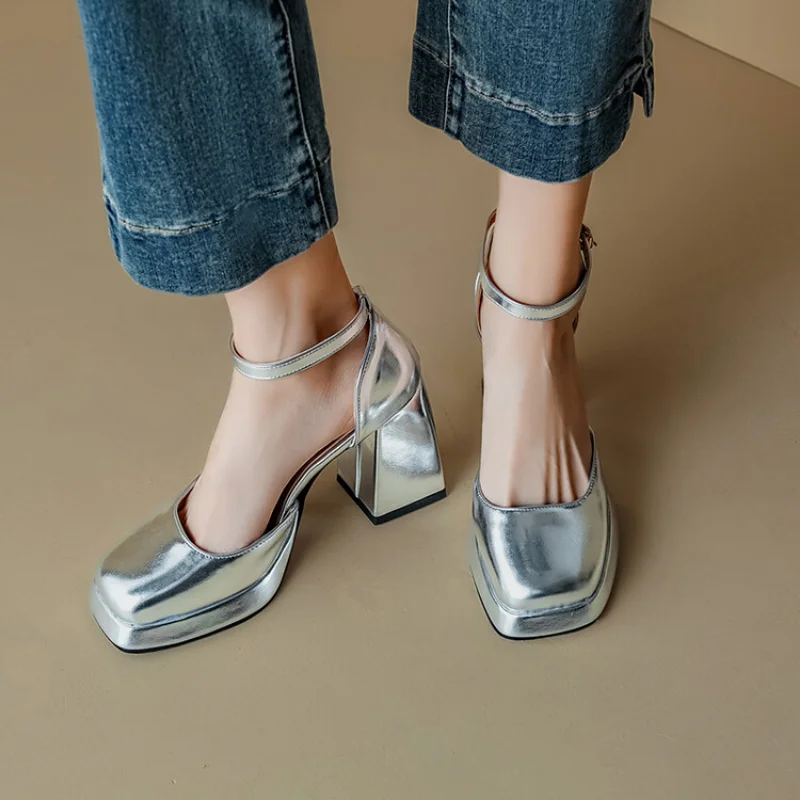 summer New styles fashion Square head high-heeled women's sandals golden silvery Buckle Square heel women sandals size 32-46