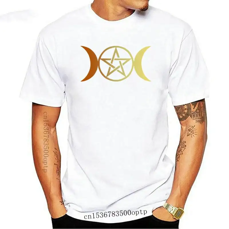 Kaus Uniseks Baru Tiga Bulan Dewi Hitam Kemeja Pagan Pentacle Wicca Emas