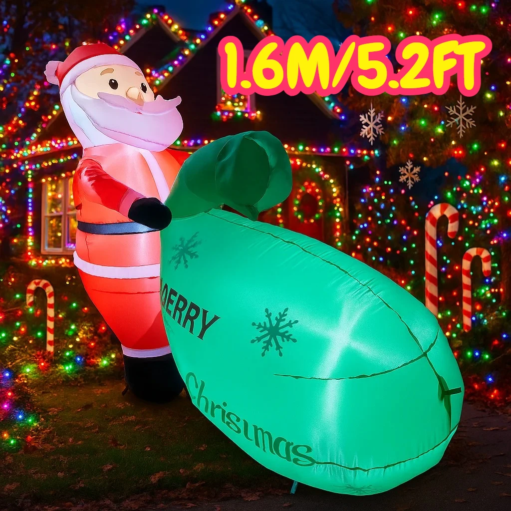 Santa Claus Tiup 1.6M/5.2FT dengan Tas Natal, Lampu LED, Dekorasi Rumah, Mainan, Lampu Luar Ruangan untuk Liburan Natal