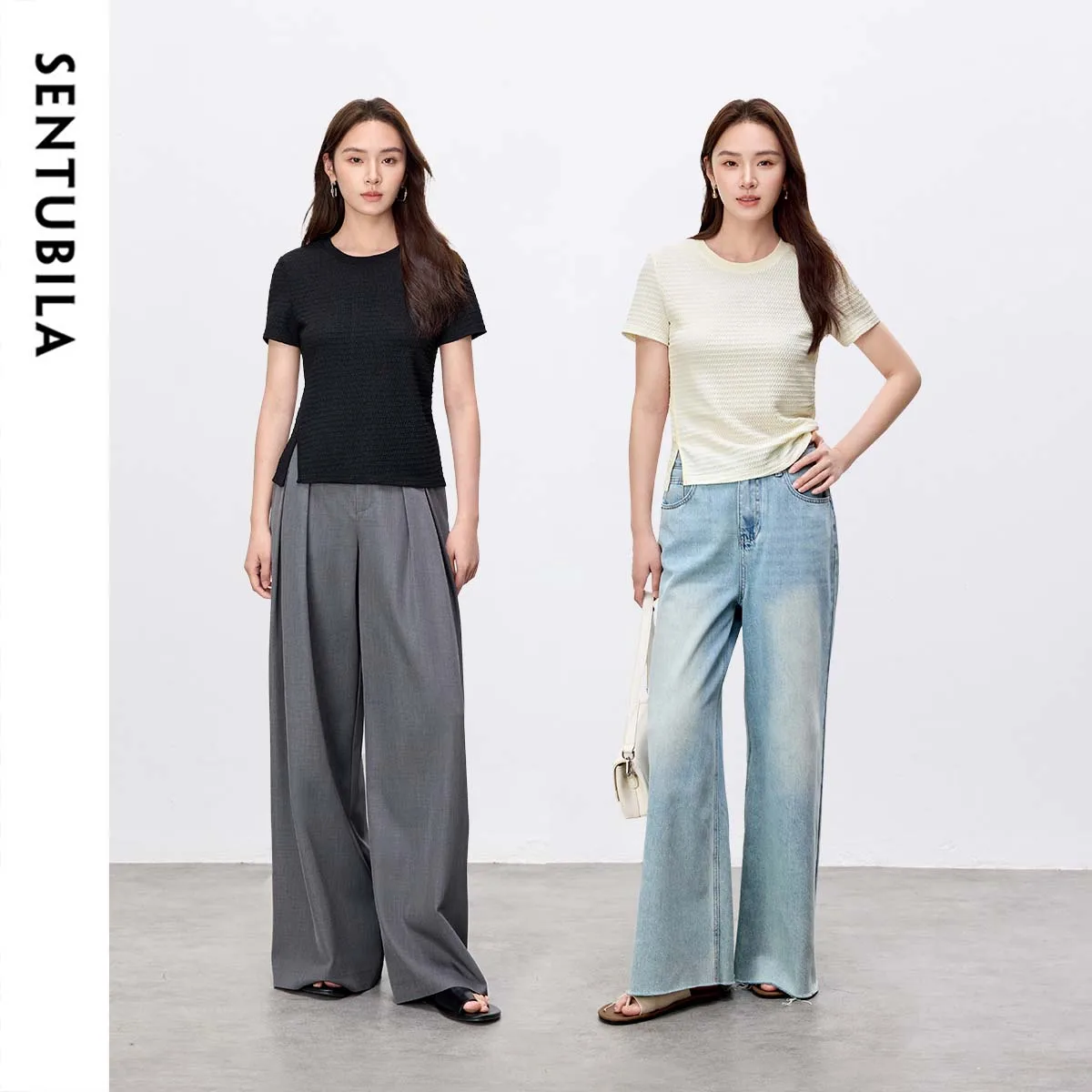 

SENTUBILA T-shirt Women 2025 Summer Fashion Casual O Neck Short Sleeve Tops Commute Breathable Slim fit Black Tees 152T59241