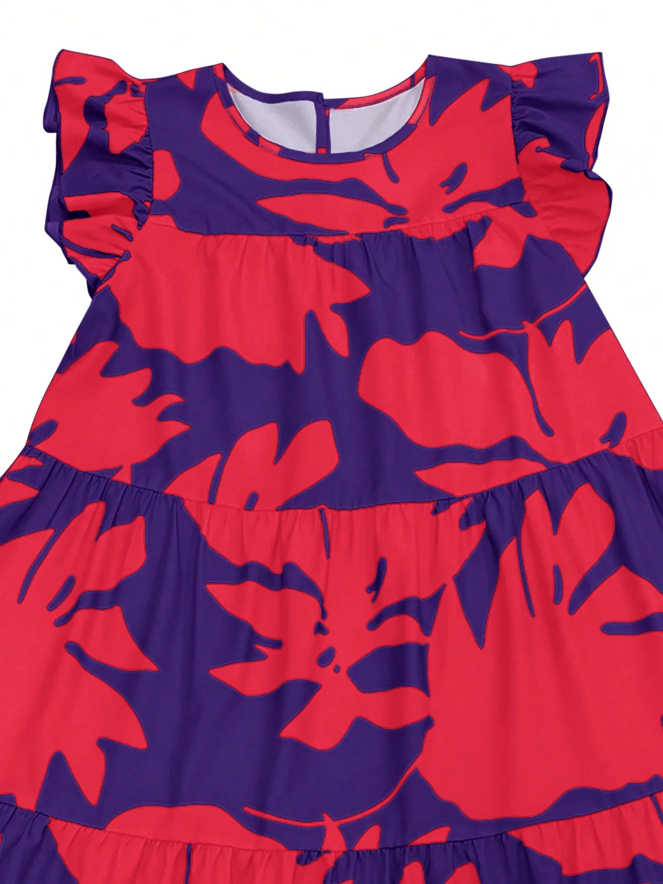Sommerkleid für Damen, tropischer Blattdruck, locker geschnitten, mit Rüschenärmeln, Rundhalsausschnitt, ideal für Strandurlaub, Midi-Kleid, fließendes Sommerkleid, Damenmode. – Detail 5