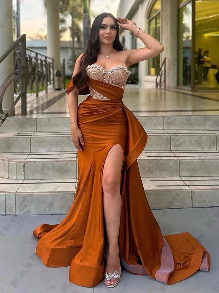 Gorgeous Satin Fashion Evening Dresses For Women Exquisite Beading Elegant Sexy Off Shoulder Sleeveless High Split Prom Gowns