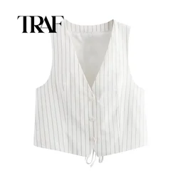 TRAF Woman Striped Vest Tops Creased-Effect Striped Waistcoat Tops 2024 Autumn Vest Sexy Casual Woman Clothing 2010/887