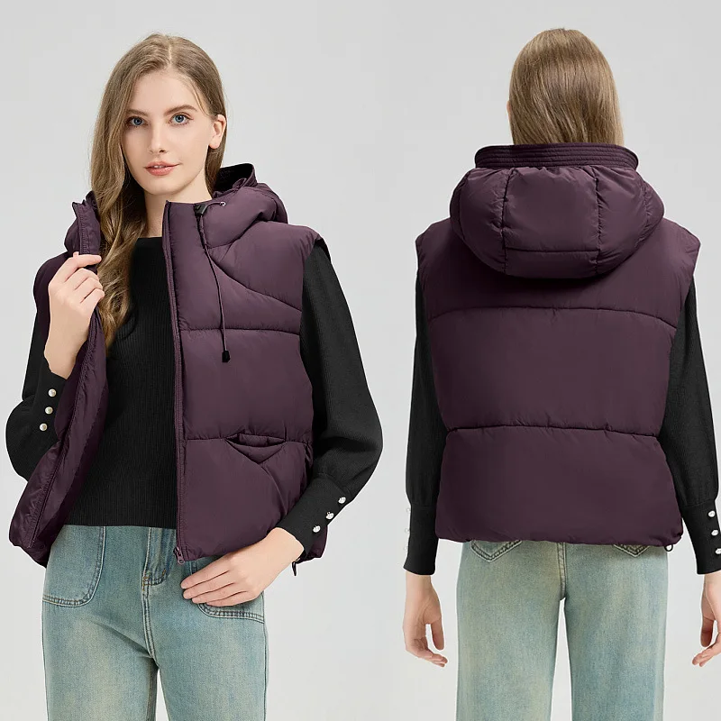 Women Hooded Parkas Vest Coats Solid Oversize Jacket Sleeveless Drawstring Hem Zipper Thick Loose Fit Casual 2025 Autumn Winter