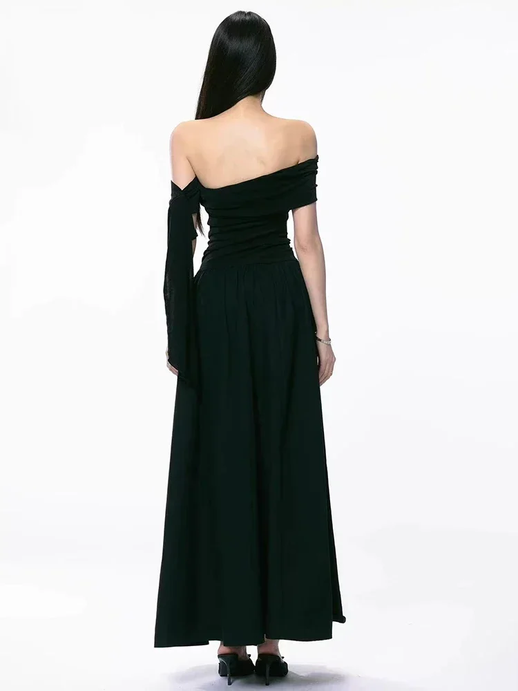 Elegant Hepburn Style Slash Neck Women Midi Dress Y2K Sexy One Shoulder Sleeveless Black Dress Summer Evening Party Vestidos
