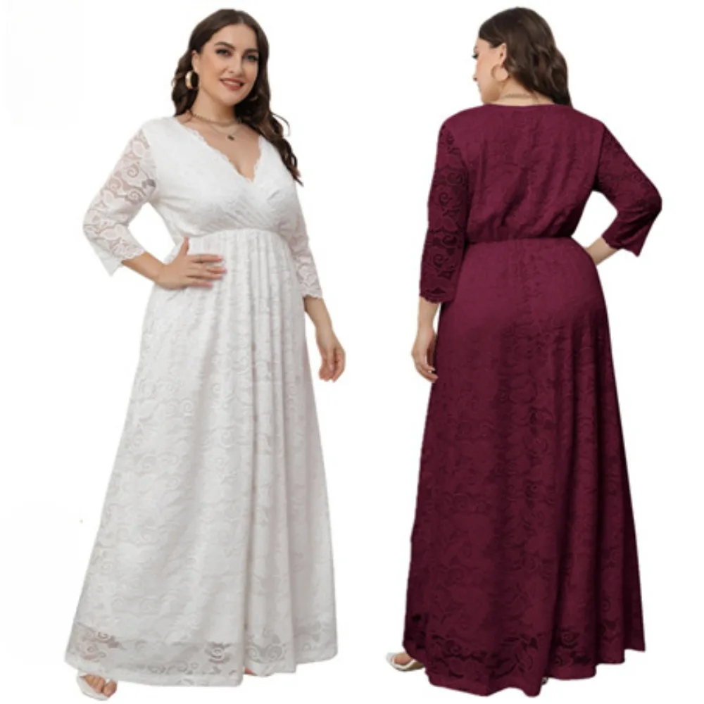 

2024 New Plus-size Women's Seven-point Sleeve Multi-color Bridesmaid Dress Elegant Lace Temperament Long Party Dress