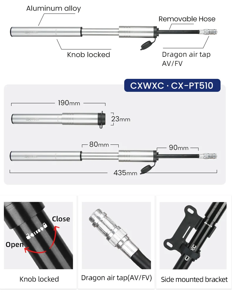 CXWXC Mini-Fahrradpumpe, max. 160 psi, tragbar, Schrader, Presta-Ventil, Luftpumpe, Aluminiumlegierung, Radfahren, versteckter Schlauch, Reifen, Handluftpumpe – Detail 17