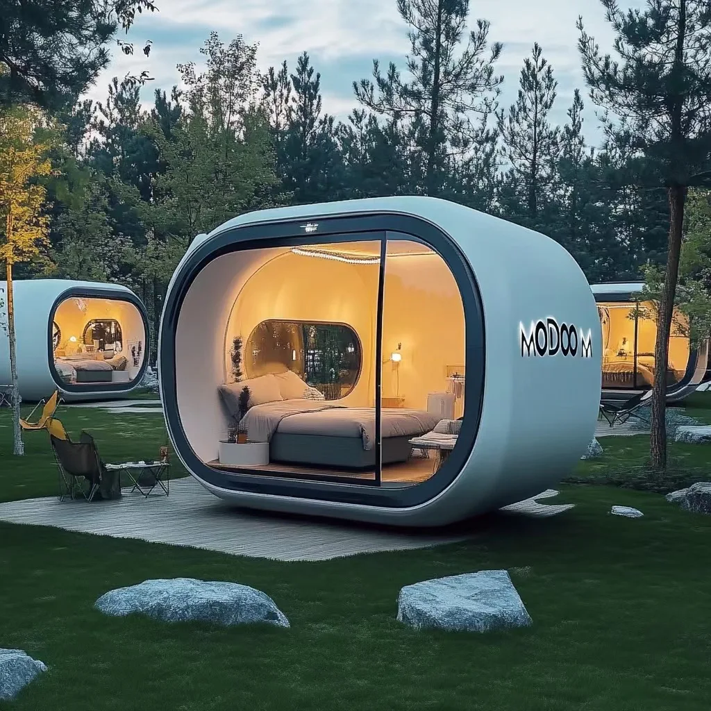 Casa de cápsulas modulares móvil prefabricada para villa al aire libre, casa Modular de cápsulas de dirigible espacial comercial