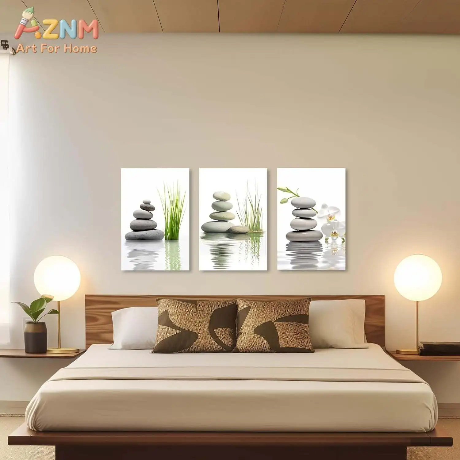 AZNM Zen Spa Stacked Stones Orchid Canvas Wall Art, Modern Minimalist Water Reflection Print Poster, Unframed Single Piece Decor