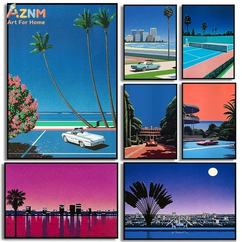 AZNM Vaporwave Retro City Canvas Wall Art Palm Tree Vintage Car Japanese Nagai Style Pop Art Poster Bedroom Unframed Painting