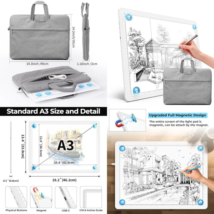 tracing Light Box, 18.2"L x 13.4"W Super Bright Magnetic Light Pad with Side Buttons, USB-C Power Dimmerable Copy Table, Light