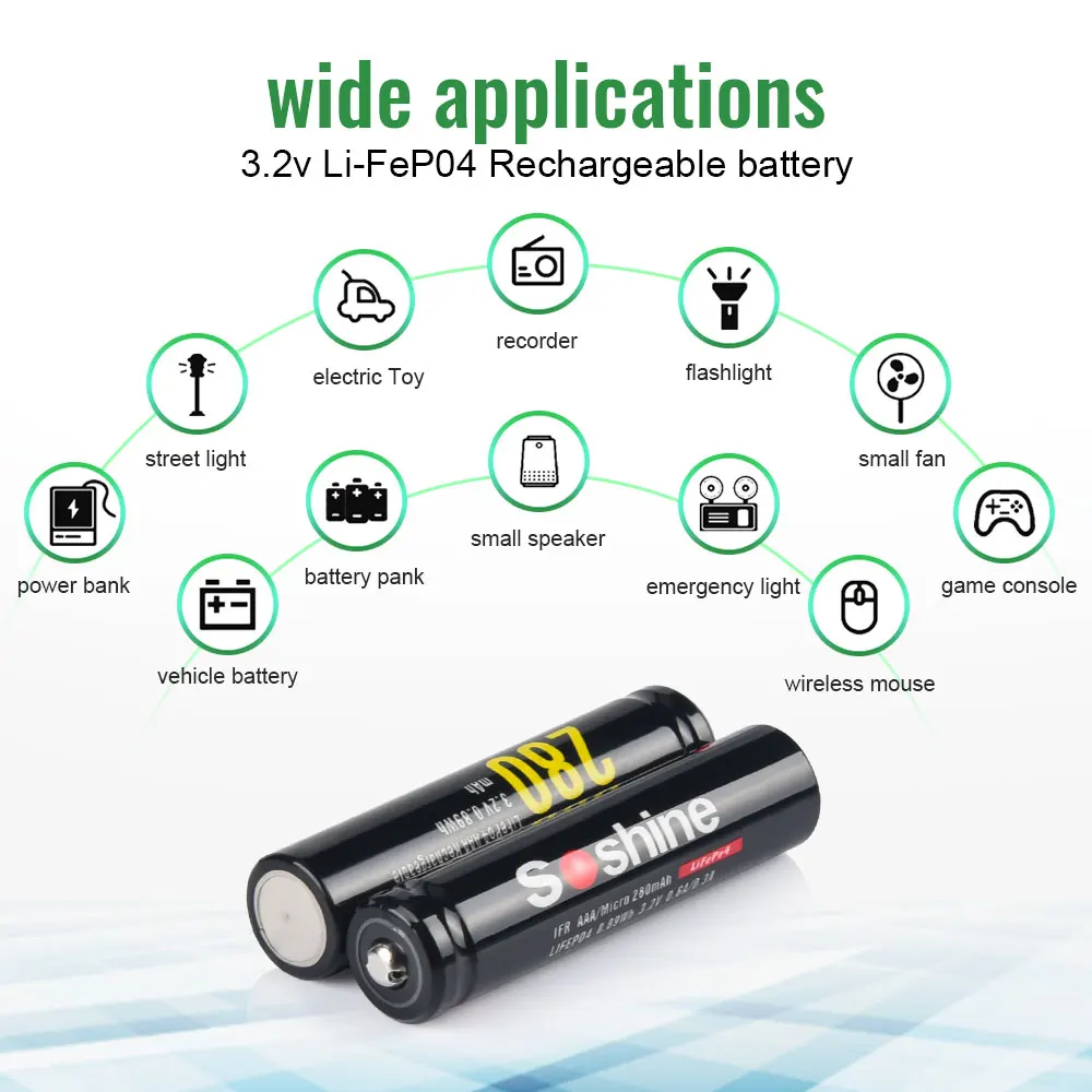 Soshine 4/8/12PC AAA 10440 LiFePO4 Battery 3.2V 280mAh Rechargeable Battery Flashlights Camera Shaver Cells Wireless Mouse Toy