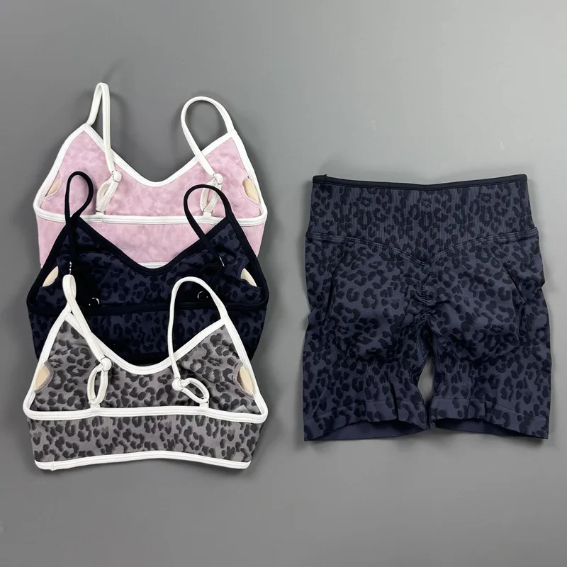 2Piece Sports Set Women Leopard Print Bra Shorts Seamless Push Up Bra High Waist Tummy Control Workout Shorts Fitness Gym Outfit