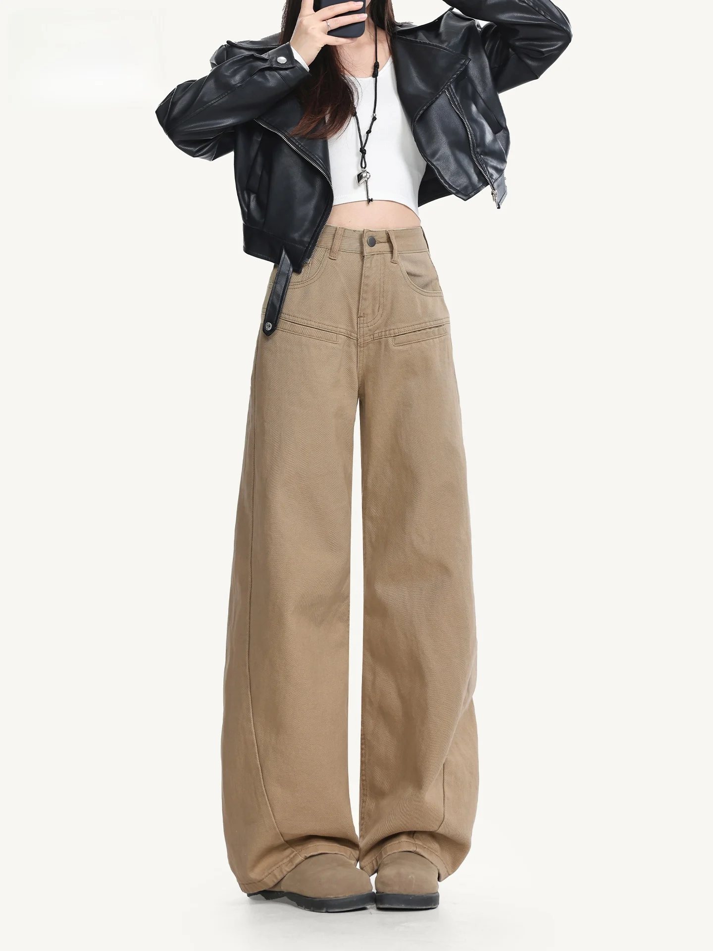 

Американские джинсы-клеш цвета хаки для женщин, свободного кроя, летние, повседневные, в пол, с высокой талией, на молнии, с карманами