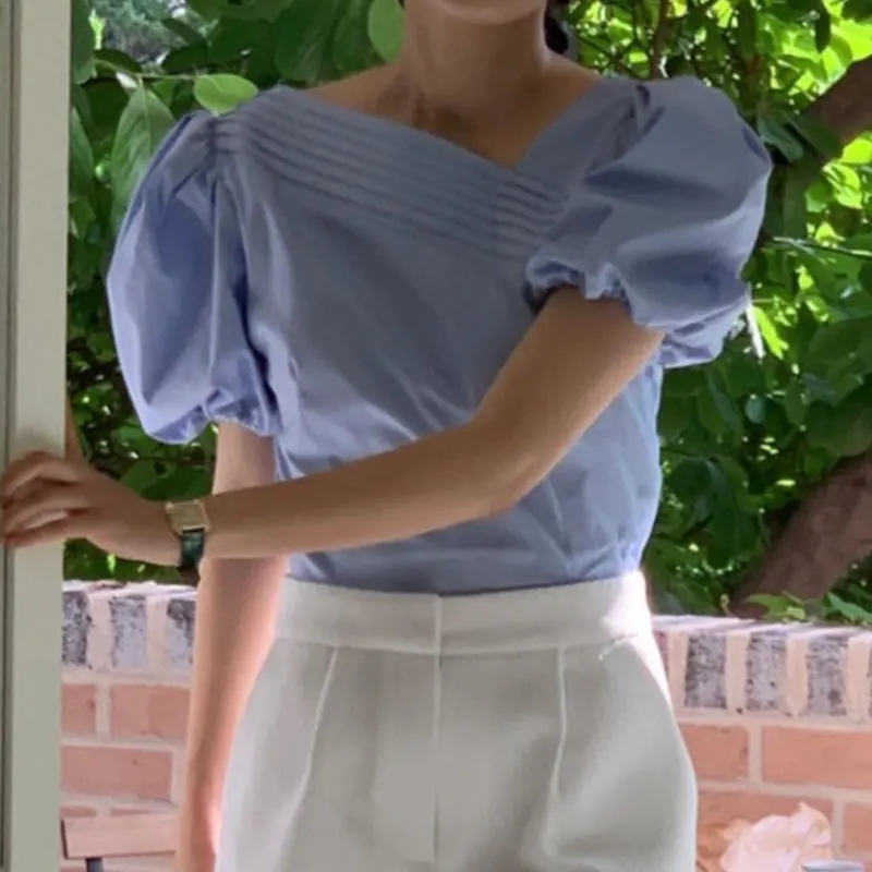 

Chic Summer Simple Matchable Asymmetrical Pleated Design Pure Color Bubble Sve irt Women's Top Loose Fit ort Sve