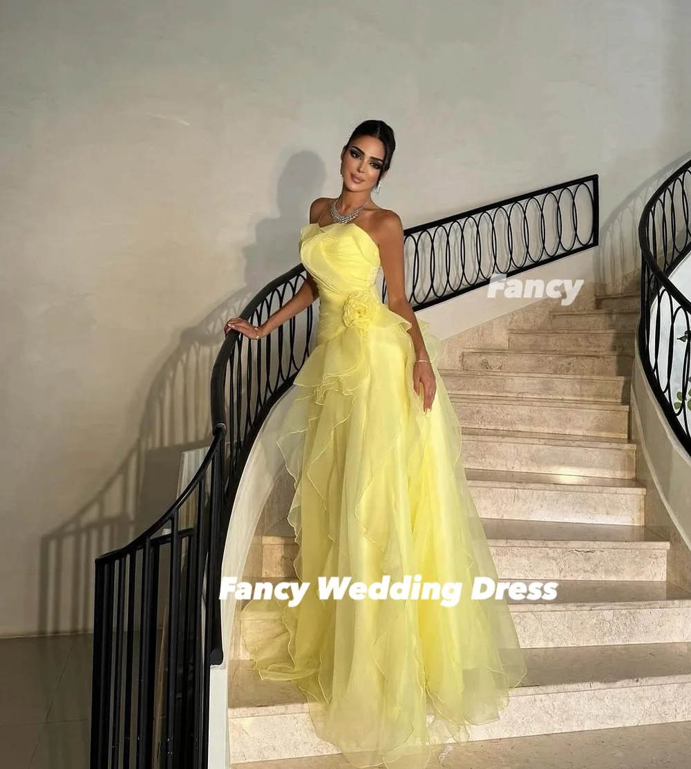 Fantaisie élégante jaune une ligne robe de soirée Organza sans manches robe de bal longueur de plancher dos Corset personnalisé