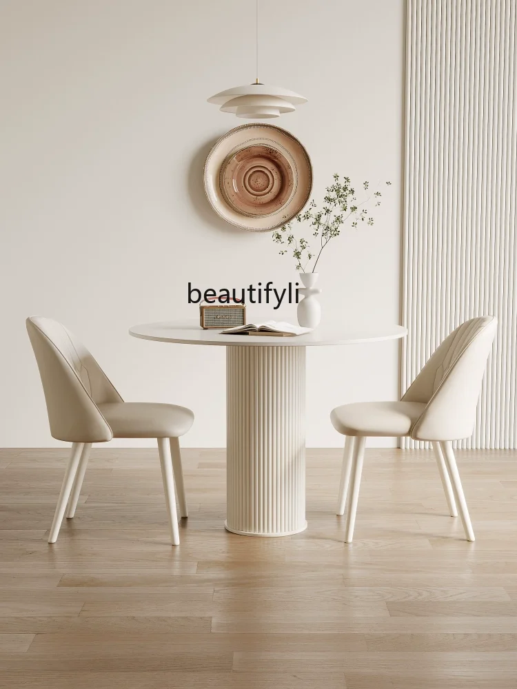 Cream Style round Dining Table Stone Plate Conference Table Modern Minimalist Roman Column round Table