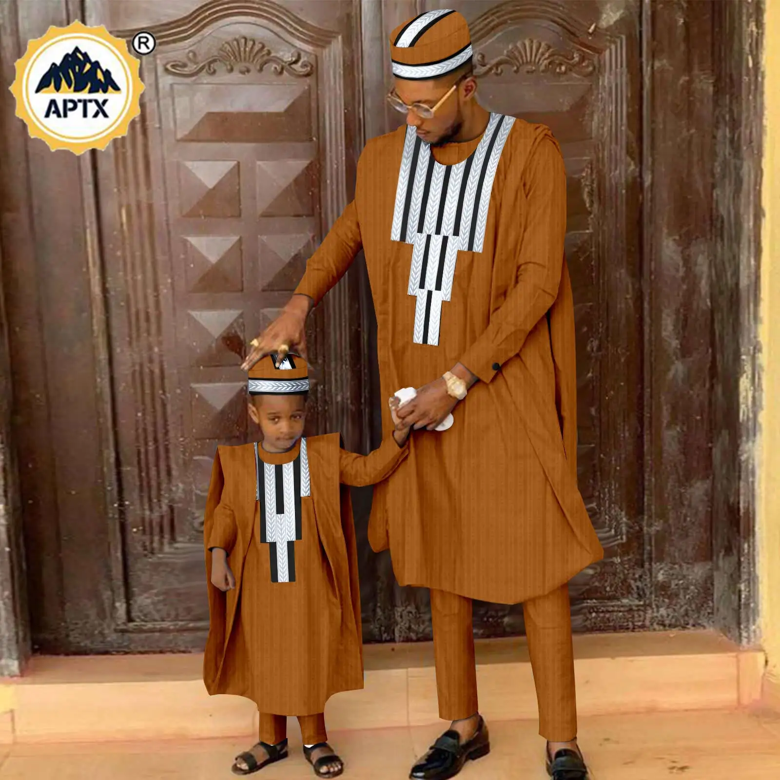 African Matching Outfit for Family Bazin Riche Muslim Sets Dashiki Father and Son Attire Agbada Robe Shirt and Pants Hat Y23F001