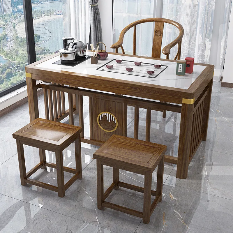 New Chinese-style solid wood rock slab balcony tea table and chair combination tea table household small coffee t