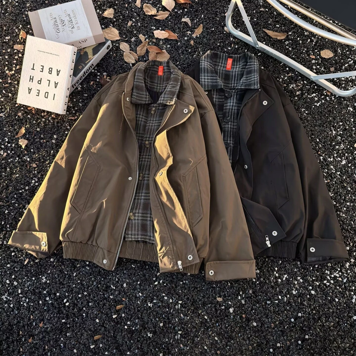 

Retro Fake Two-Piece Men's Flight Jaet Plaid Patchwork Baseball orm American Casual Brown Outerwear