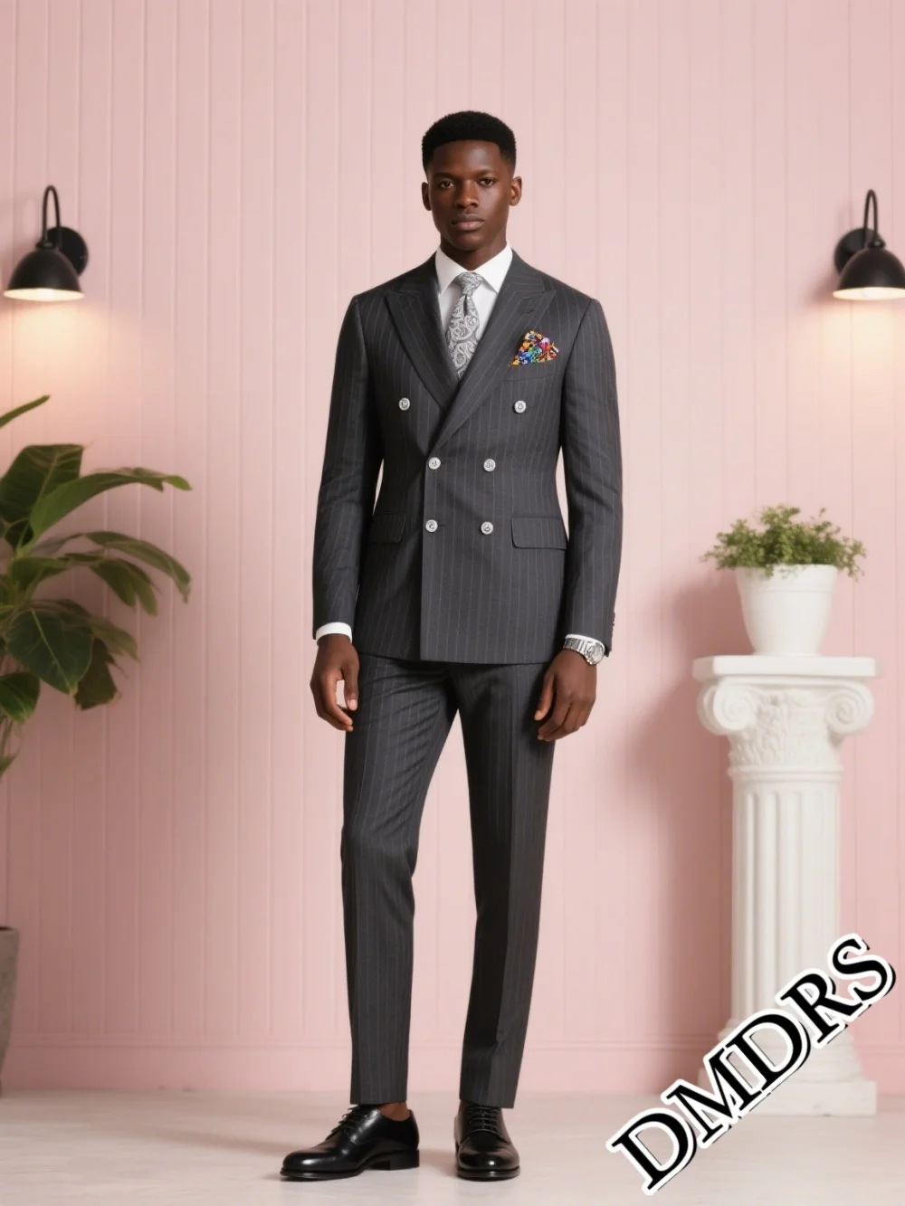 

Elegant Double-Breasted Men's Suit For Wedding & Business Classic Striped Suit Set Formal Men's Gray Jacket & Gray Pants